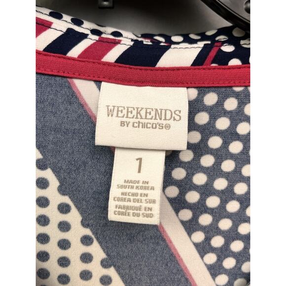 Weekends by Chico's Polo Top Womens Size 1 Medium Stretch Polka Dot Bold Graphic - Picture 4 of 7